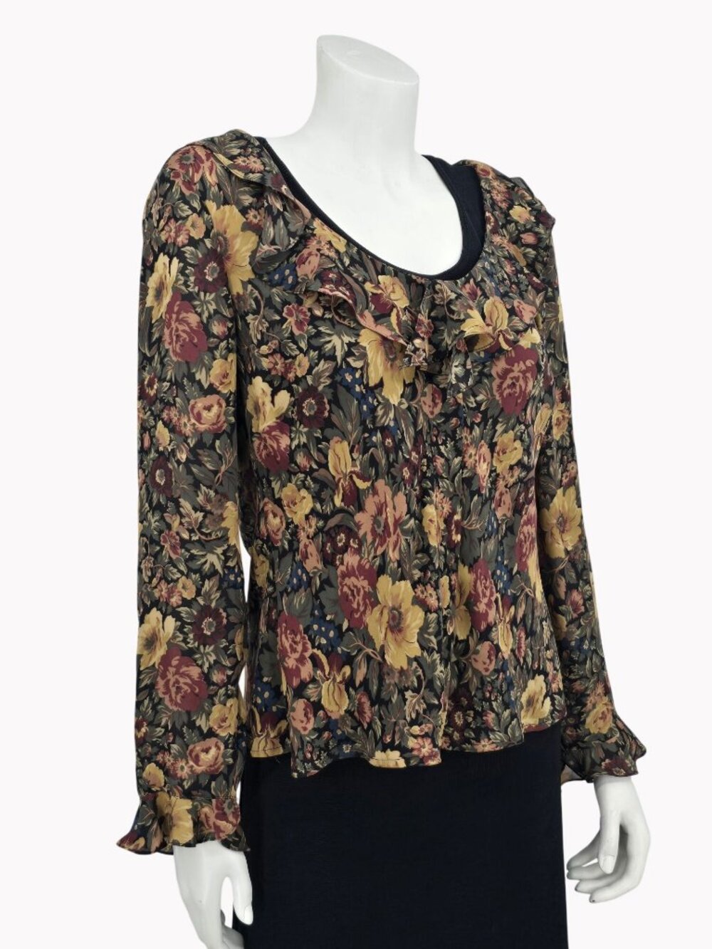 Lauren Ralph Lauren Petite Blouse Size 12P Floral Silk Ruffle Long Sleeve